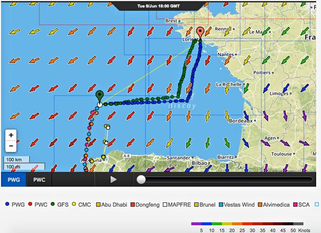Predictwind course recommendation for Team SCA based on current weather data and positions at 1843UTC on June 9. Abu Dhabi’s group to the SE of Team SCA have a similar recommendation to tack onto port tack, and they should be crossed by Team SCA and Vestas Wind © PredictWind http://www.predictwind.com
